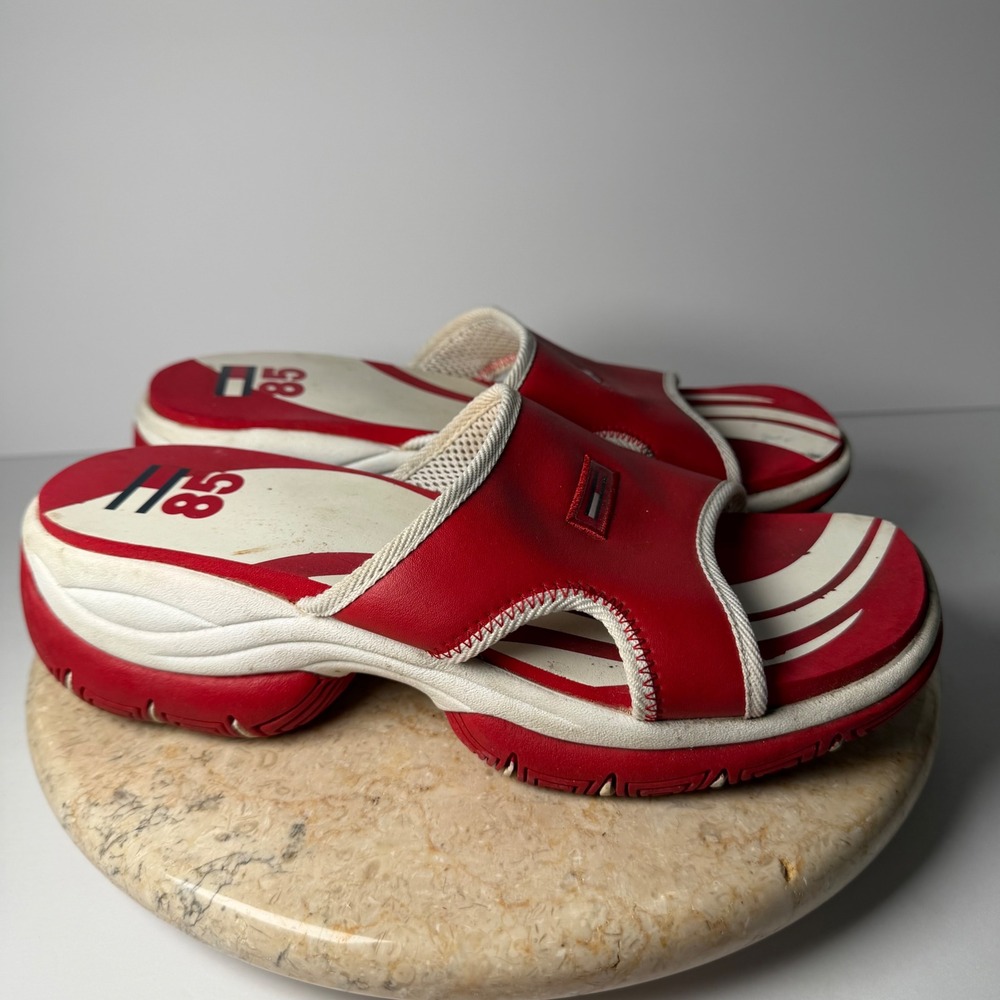 VTG Tommy Hilfiger Platform Slide Sandals 8 Red White Chunky Y2K 90s Sporty 85